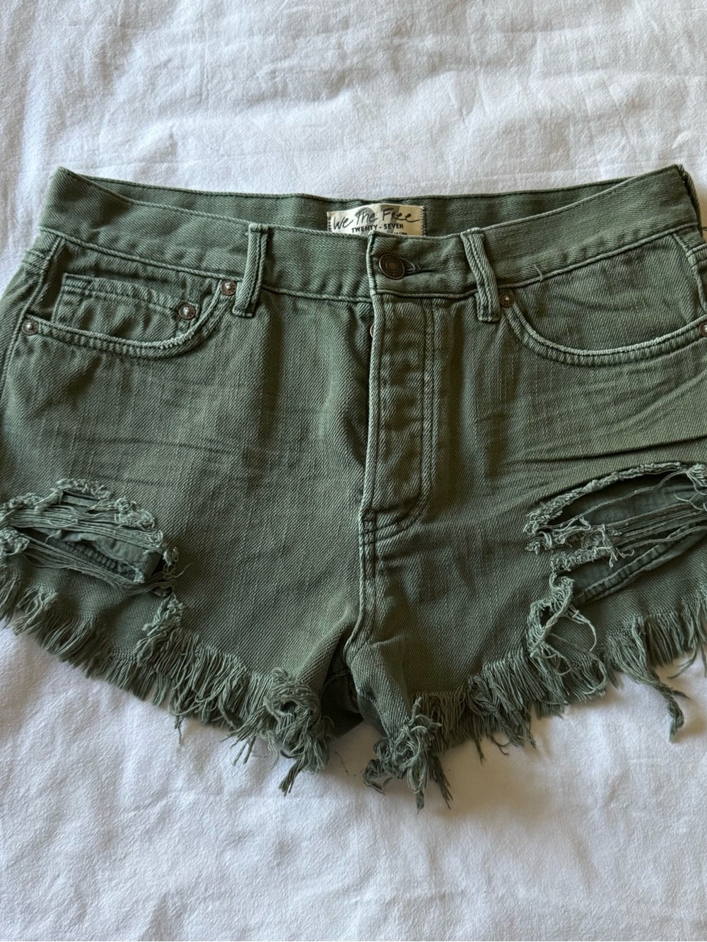 We The Free Olive Distressed Frayed Denim Shorts